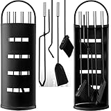 KESSER® Kaminzubehör 5-teiliges Kaminbesteck Set - Modern Design, beschichtet, Hochwertige Kamingarnitur aus 5 Teilen: Besen, Schaufel, Schürhaken, Zange, Ständer mit Sichtschutz Edelstahl Schwarz