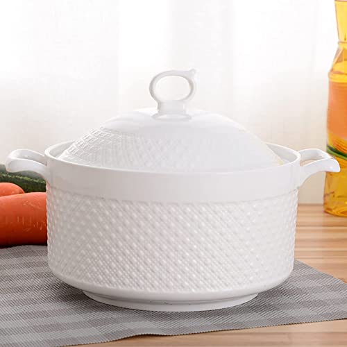 Couvercle À Double Poignée Soupière en Céramique Blanche Pure Casserole Ronde en Céramique Blanche/Soupière avec Couvercle/Batterie de Cuisine en Céramique,2400ml
