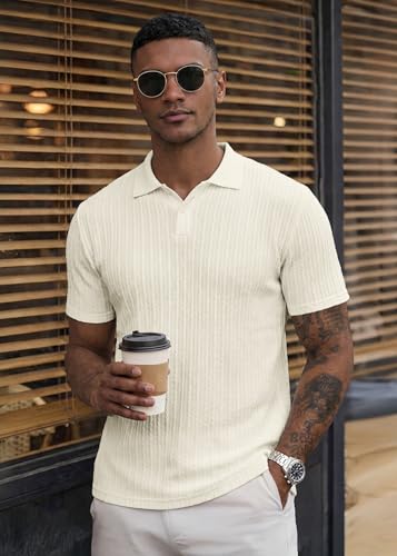 JMIERR Polo Shirts for Men Loose Classic Short Sleeve Stretchy Soft Golf Shirts Old Money Knit Shirt, XL, Beige - Thumbnail 3