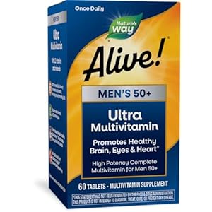 Nature’s Way Alive! Men’s 50+ Daily Ultra Multivitamin, High Potency Formula, Supports Healthy Brain, Eyes & Heart*, with Methylated B12, Gluten-Free, 60 Tablets (Packaging May Vary)