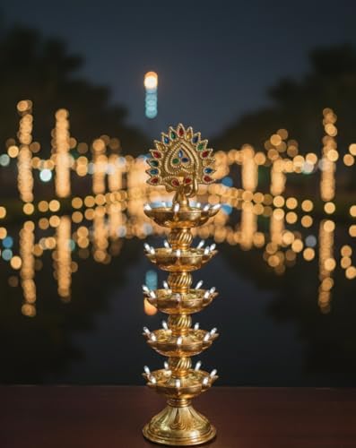 AVOXA 5-Layer Peacock Deluxe Electric LED Diya Grand Traditional 5-Tier Deepam with Premium Gold Finish Polymer Body Elegant Decorative Lamp for Diwali Pooja Room & Festivals Energy Efficient