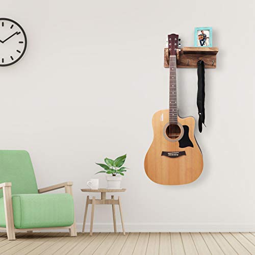 Bikoney Wall Mount Guitar Hanger Shelf with Pick Holder and 3 Hooks - Carbonized Black Guitar Holder for Acoustic, Electric, Bass, Ukulele [U.S. Patent] - Thumbnail 2