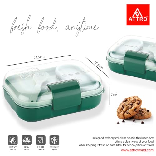 Image of ATTRO Food Bite Kids Plastic Lunch Box - 3 Compartments, 1 Small Container & Spoon, with Stylish Lid BPA-Free, Freezer Safe, Ideal for School, Travel & Outdoor - Green