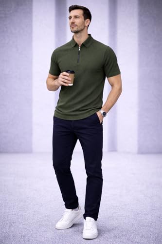 Image of Mack Jonney Men Ribbed Polo T-Shirt | Regular Fit | Half Sleeve | Zip Collar Casual T-Shirt-MJ-94