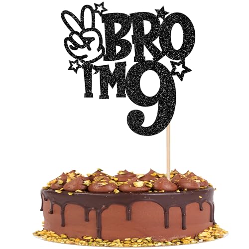 1 PCS Brother I'm 9 Cake Topper Glitter Star Happy 9th Birthday Cake Pick Bro I'm 9 Cake Decoration It's My 9th Birthday Decorations for Boys Cheers to 9 Years Old Birthday Party Supplies Black