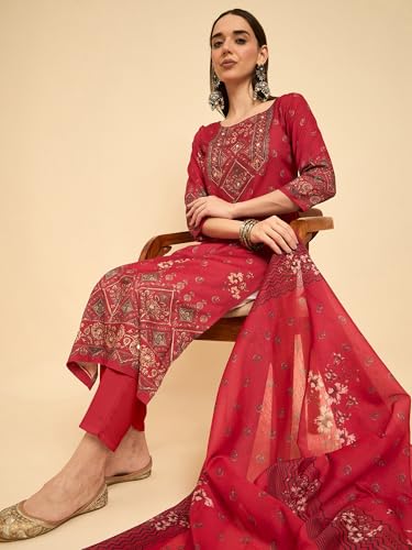 Image of SheWill Kurta Sets for Women - Red Rayon Aari Hand Work with Digital Floral Print Kurta with Pant and Chanderi Dupatta |Stylish Printed Summer Kurti Set