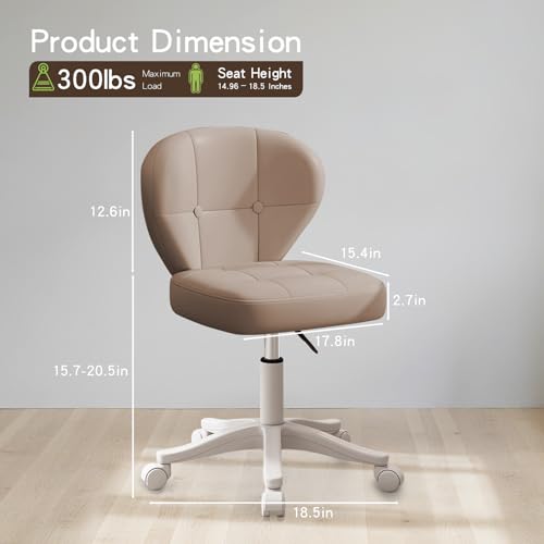 Small Office Chair with Lumbar Support, PU Leather Armless Swivel Desk Chair Adjustable Height, Compact Rolling Chair for Home Office, Bedroom, Study Khaki image 3