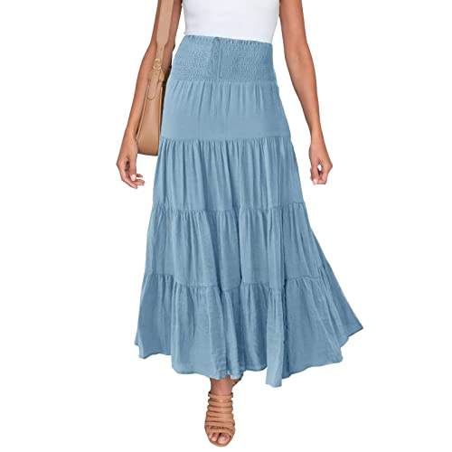 Saia feminina de verão com cintura alta, elástica, estilo boho, casual, com cordão, saia longa, Azul