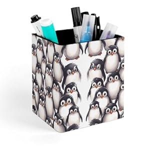 LKHDS Cute Baby Penguins Sketch Leather Square Pens Pencils Holder Cup Personalized Office Desk Pen Holder Makeup Brush Holder Desktop Organizer Storage Case Stationery for Home Office Supplies