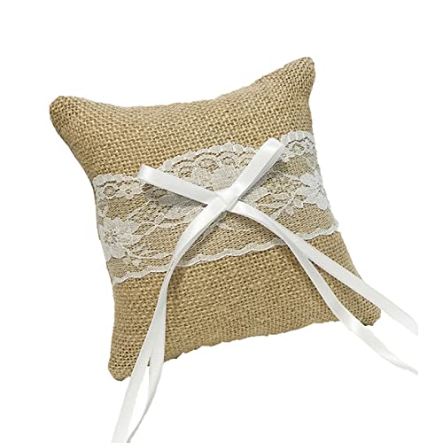 WADC Oreiller de Bague Mariage en Dentelle Coussin pour Alliances avec Ruban Noeud D'alliances Pratique Bagues, Boucles d'oreilles et Colliers (Couleur Lin), 15 x 15 cm Cover