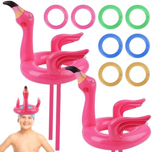 RNHDLY 10 Stück Flamingo Aufblasbar Wurfspiel, Ringwurfspiel Kinder, Aufblasbare Wurfspiel Kinder Outdoor, Wurfspiel Flamingo Aufblasbare mit 8 Ringe für Sommer Hawaii Party Hochzeit Sommer Pool Party
