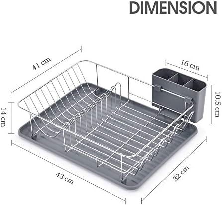 KINGRACK Dish Drainer with Drip Tray,Grey Dish Rack with Large Capacity,Dish Drying Rack with External Cutlery Holder,Removable Draining Board,Cup Holder,Compact Kitchen Drainers WK810338