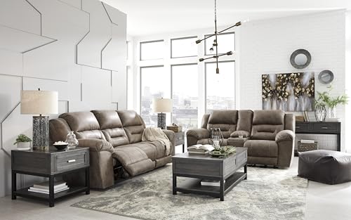 Image of Signature Design by Ashley Stoneland Faux Leather Power Double Reclining Loveseat with Center Console, Light Brown
