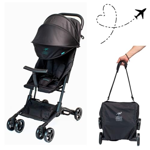 Urban Kanga Bandicoot Reisebuggy fürs Flugzeug-Handgepäck – Ultraleichter kompakter Buggy bis 22 kg, faltbarer Kinderbuggy mit Transporttasche & Schultergurt (Midnight Black)