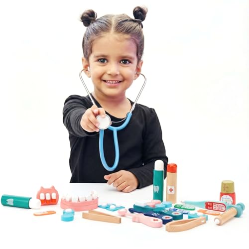 Image of WUDLY Wooden Doctor Set for Kids Gift, Dentist Pretend Play Toy with Working Stethoscope, Thermometer, Dental Model & Carry Bag, Screen-Free Medical kit for Boys & Girls