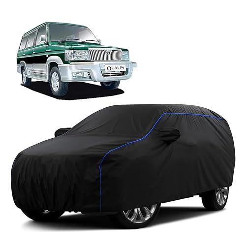 Image of Sulfar 100% Water Resistant Car Body Cover Compatible with Mirror for Toyota Qualis (Triple Stitched, Full Bottom Elastic, Black Tafetta with Blue Piping)