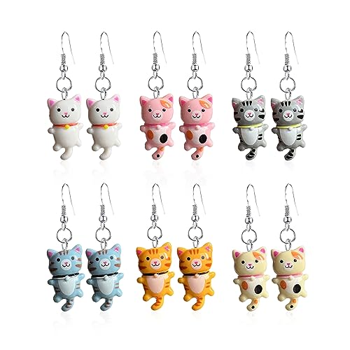 6 Pairs Resin Cute Anime Cat Dangle Earrings Set for Women - Funny Aesthetic Animal Cartoon Kitten Earrings - Lover Cat Birthday Gifts - Main Image