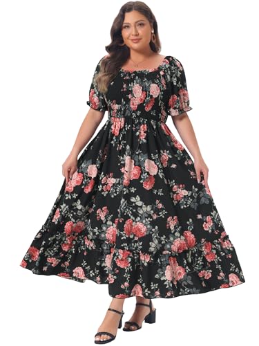 Image of Agnes Orinda Plus Size Dress for Women Short Sleeve Shirred Square Neck Floral Maxi Long Dresses