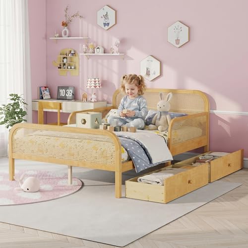 Aurnienofus Full Bed Frame for Kids with Rails & 2 Storage Drawers, Rattan Low Platform Kids Bed Frames with Headboard & Footboard, Wood Slat Support for Boys Girls, Full Beds Natural