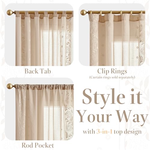 Image of jinchan Winslow Sheer Curtains 96 Inch for Bedroom Living Room Embroidered Bordered Floral Nursery Curtains for Boy's Room Light Filtering Window Treatments, Ivory on Beige, 2 Panels, 50 inch x 96 inch