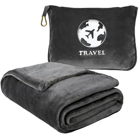 Bnuitland Travel Blanket and Pillow 2 in 1, Soft Flannel Airplane Blanket in Bag Compact-Long Flight Essential for Adults and Kids, Portable Luggage Sleeve and Backpack Clip, 65×40 inch Grey Cover