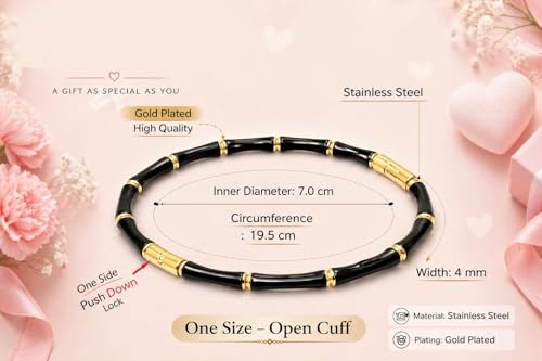 Image of Black Bamboo Evil Eye Gold Plated Stainless Steel Cuff Bracelet for Women | Nazar Bangle | Waterproof & Anti-Tarnish | Stylish Gift for Women