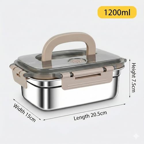 Image of Stainless Steel 1200ml Food Storage Container /Bento Lunch Box with Airtight Lid & Handle | Leakproof, Fridge & Freezer Safe Meal Prep Container for Fruits, Vegetables, Meat & Leftovers