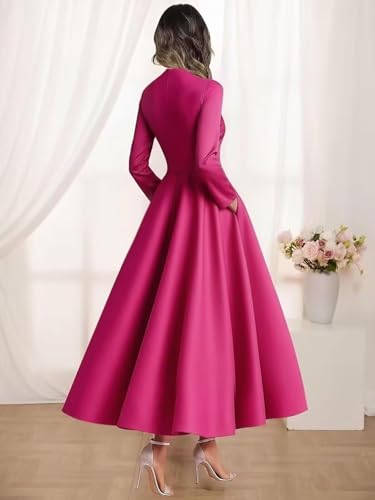 Caodip Tea Length Satin Mother of The Groom Dresses for Women V Neck Elegant Long Sleeve Mother of The Groom Dress for Wedding A Line Champagne US14