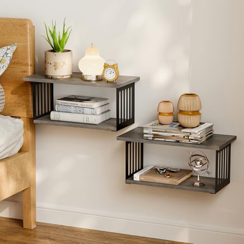 Floating Nightstand Set of 2, 2-Tier Floating Shelves Wall Mounted,Floating Bedside Table Wall...