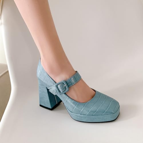 CoceMoce Chunky High Heel Pumps for Women Closed Square Toe Ankle Strap Mary Janes Platform Embossed Leather Dress Shoes Office Lady Work Business Party Event Formal Comfortable2
