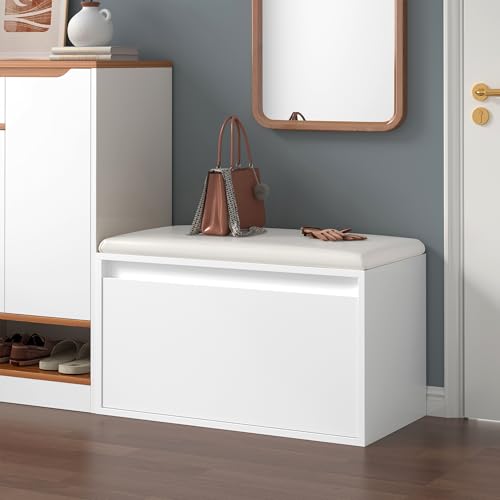 [en.casa] Banc à Chaussures Design avec Tiroir Meuble d'Entrée avec Siège Rembourré Range-Chaussures Stylé pour 3 Paires Panneau de Particules PU 80 x 39 x 45 cm...