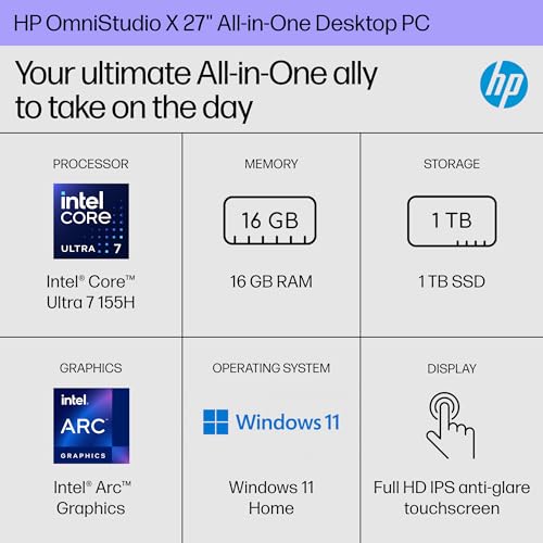 Image of HP OmniStudio X 27 inch All-in-One Desktop PC, FHD Touchscreen, Intel Core Ultra 7 155H, 16 GB RAM, 1 TB SSD, Intel Arc Graphics, Windows 11 Home, 27- cs0010