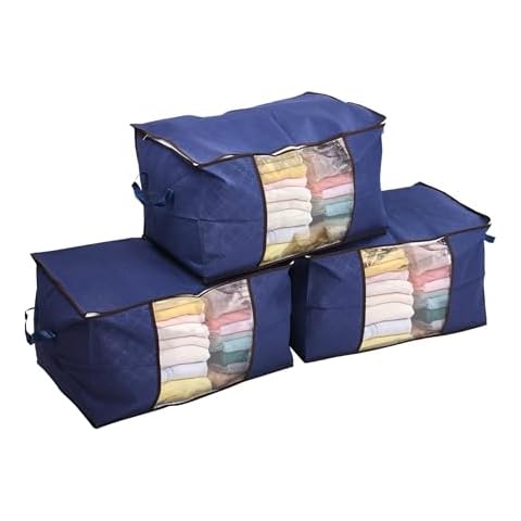 Precision Quilting Tools Clothes Bags for Storage - 90L Capacity Fabric Storage Bags, 3 Pack - Ideal for Wardrobe, Closets, Dorms - Home Organization - Dark Blue with Transparent Side to View Contents Cover