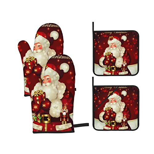 Merry Christmas Santa Claus Oven Mitts And Pot Holders Sets Of 4 Heat Resistant Oven Gloves And Hot Pads Potholders Kitchen Baking Cooking Bbq Cute Oven Mitts #TOP6