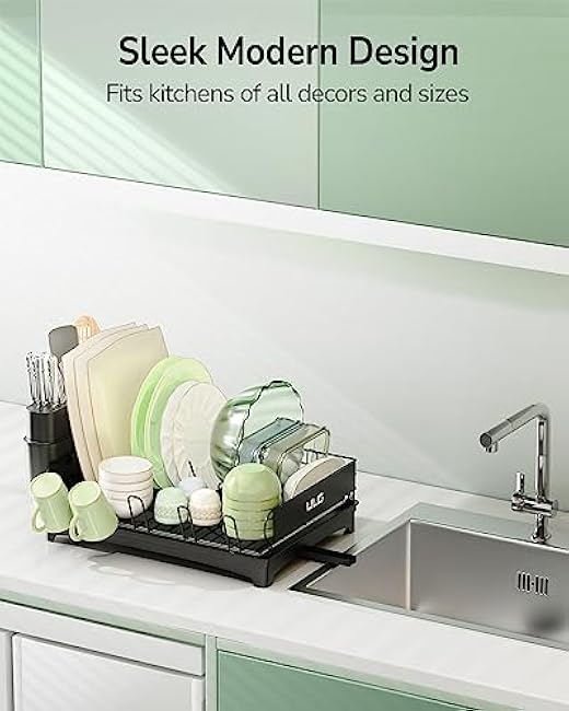 ULG Dish Drying Rack with Drainboard, Countertop Dish Rack, Rustproof Dish Drainer for Kitchen Counter, Draining Rack with Detachable Utensil Holder, Adjustable Swivel Spout Dish Strainers, Black