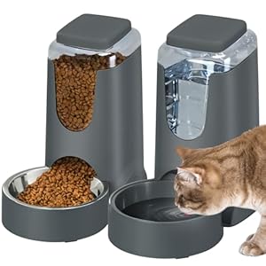 2 Pack Automatic Cat Feeder and Water Dispenser with Stainless Steel Dog Bowl Gravity Self Feeding for Small Medium Pets Puppy Kitten 1 Gallon x 2 (Charcoal)