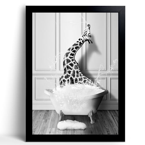 Funny Giraffe Poster - Funny Bathroom Wall Art Decor, Waterproof Black and White Quality Canvas Wall Art Pictures, Wood Framed Bathing Animals Abstract Prints for Bedroom Kids Room