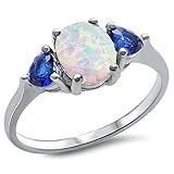 Oxford Diamond Co Sterling Silver Oval Lab Created White Opal & Blue Simulated Sapphire Heart Ring Sizes 9