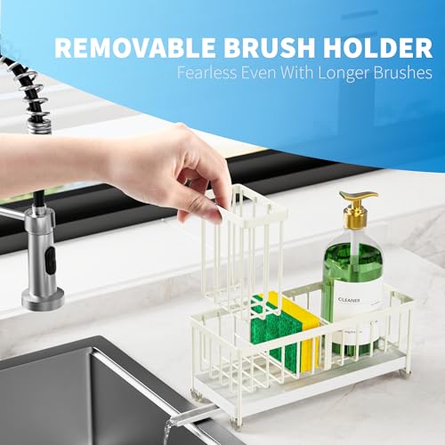 Image of Cisily Sponge Holder for Kitchen Sink, Sink Caddy Organizer with High Brush Holder, Kitchen Countertop Organizers and Storage Essentials, Rustproof 304 Stainless Steel (Cream, 9.25″)