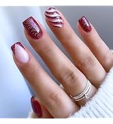 TULOBI Christmas Press on Nails Short Square Fake Nails Full Cover Acrylic Stick on Nails with Re...