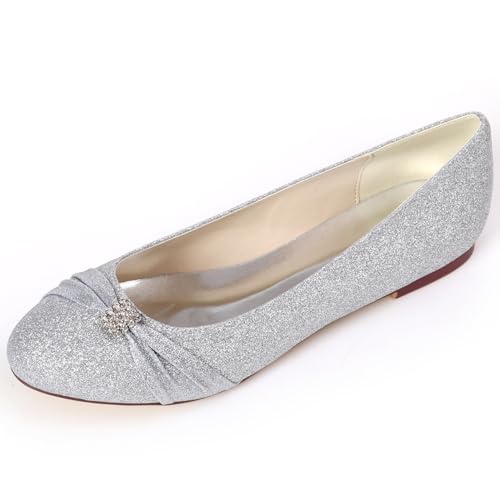 DANOBAB Damen Flache Schuhe für Frauen Casual Dress Schuhe Elegant Flats Bequem Hochzeits Schuhe Brautschuhe Abend Flache Pumps mit Strass,Silber,41