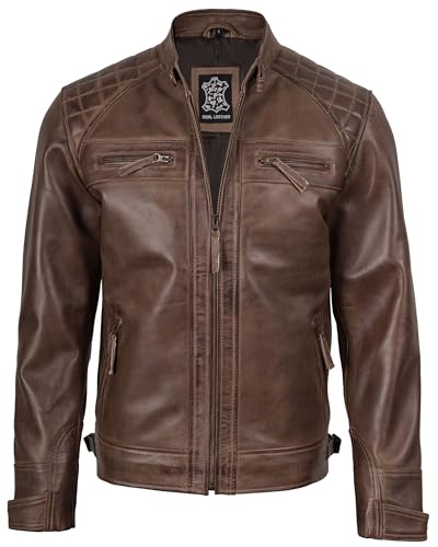 Image of fjackets Mens Leather Jacket Moto Style Real Lambskin Leather Jacket, Quilted Cafe Racer Classic Zip Up Biker Jacket for Men