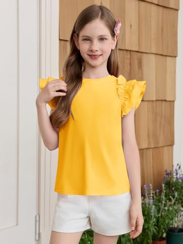 Image of Haloumoning Girls T Shirts Double Layer Ruffle Short Sleeve Kids Summer Crewneck Tunic Tee Tops 5-14 Years