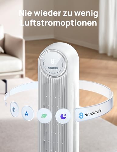 Dreo Ventilator mit 10 m Wurfweite im Wohnzimmer bei Sommerhitze. - Detailansicht von Dreo Smart Leiser Turmventilator...