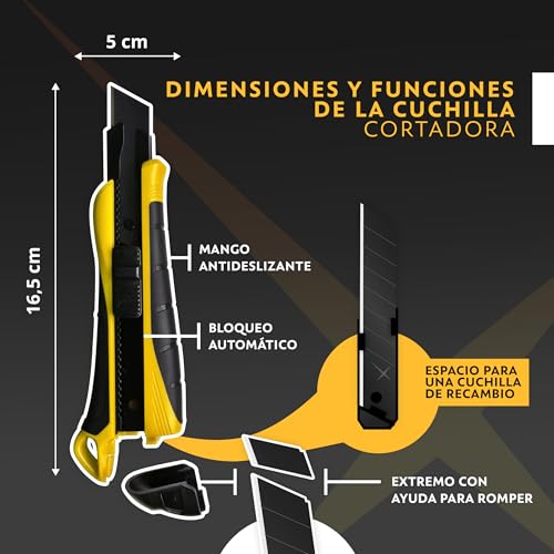 Miniatura 2 de Fixednow 3 Cuchillos De Corte Profesional De 18 Mm 16 Cuchillas De Repuesto Extra Afiladas De Acero Al Carbono Japonés Cuchillo Metálico Para Papel Pintado, Alfombras, Poliestireno Expandido