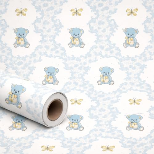 Image of Blue Teddy Bear Cartoon Wallpaper for Kids Room | Cute Nursery Wall Decor for Baby Room | Self Adhesive Peel & Stick Wallpaper | Removable, Washable Wall Covering 16 x 144 Inch