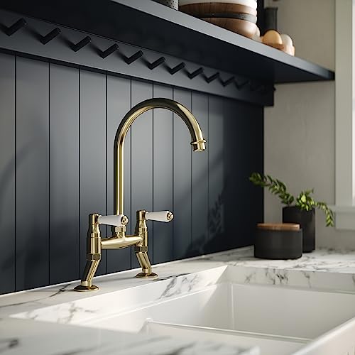 nuie KB817 Kitchen Taps Traditional Bridge Mixer Kitchen Tap with Lever Handles, 237mm, Brushed Brass - Image 2