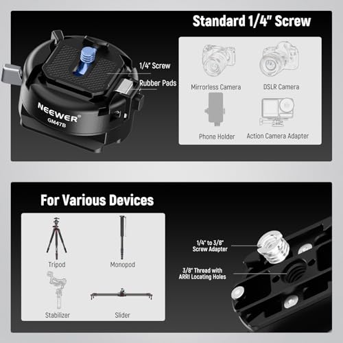 NEEWER GM47B Kit Placa Liberación Rápida, Anti Giro Auto Bloqueo Cuadrado QR Adaptador Trípode & Clamp Base Compatible con Arca Swiss dji Ronin RS 4 Pro RS 3 RS 2 Peak Design Capture V3 Camera Clip - imagen 6
