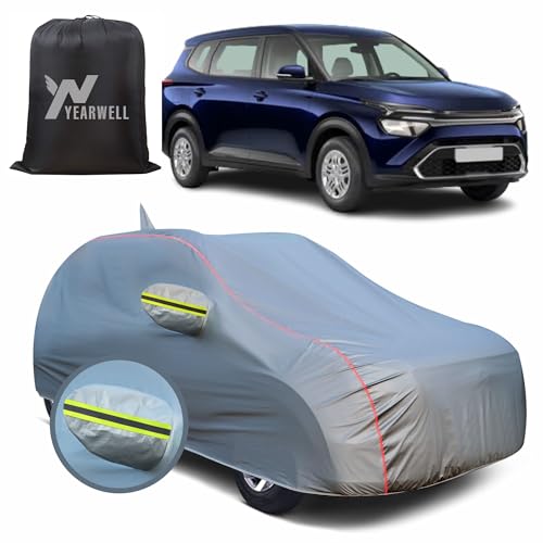 Image of Car Body Cover for Kia Carens, 100% Waterproof, Heat-Resistant with Mirror & Antenna Pockets, Soft Cotton Lining, Triple Stitched, Green Reflector (Metallic Grey)