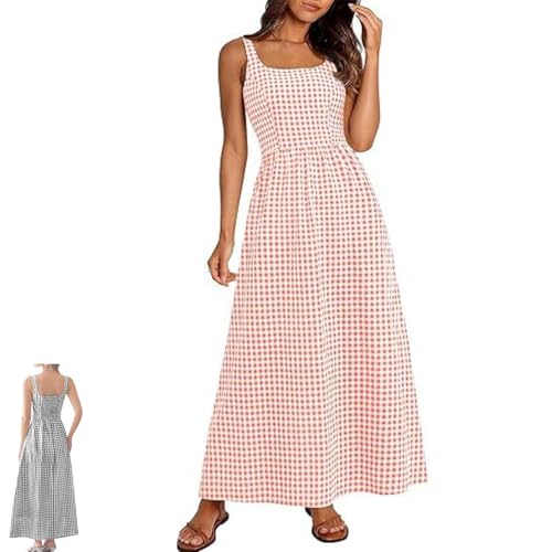 Kariertes Maxi-Tankkleid Für Damen Aus Reiner Baumwolle, Quadratischer Ausschnitt, Kariert, A-Linie, Langes Strand-Sommerkleid Mit Tasche (Pink,S)